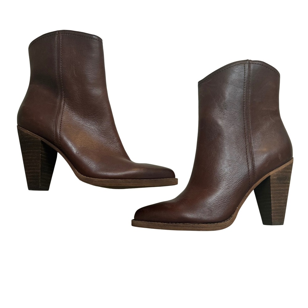 Zodiac Brown Leather Western Ankle Boots Pointed Toe Stacked Heel Size 8.5